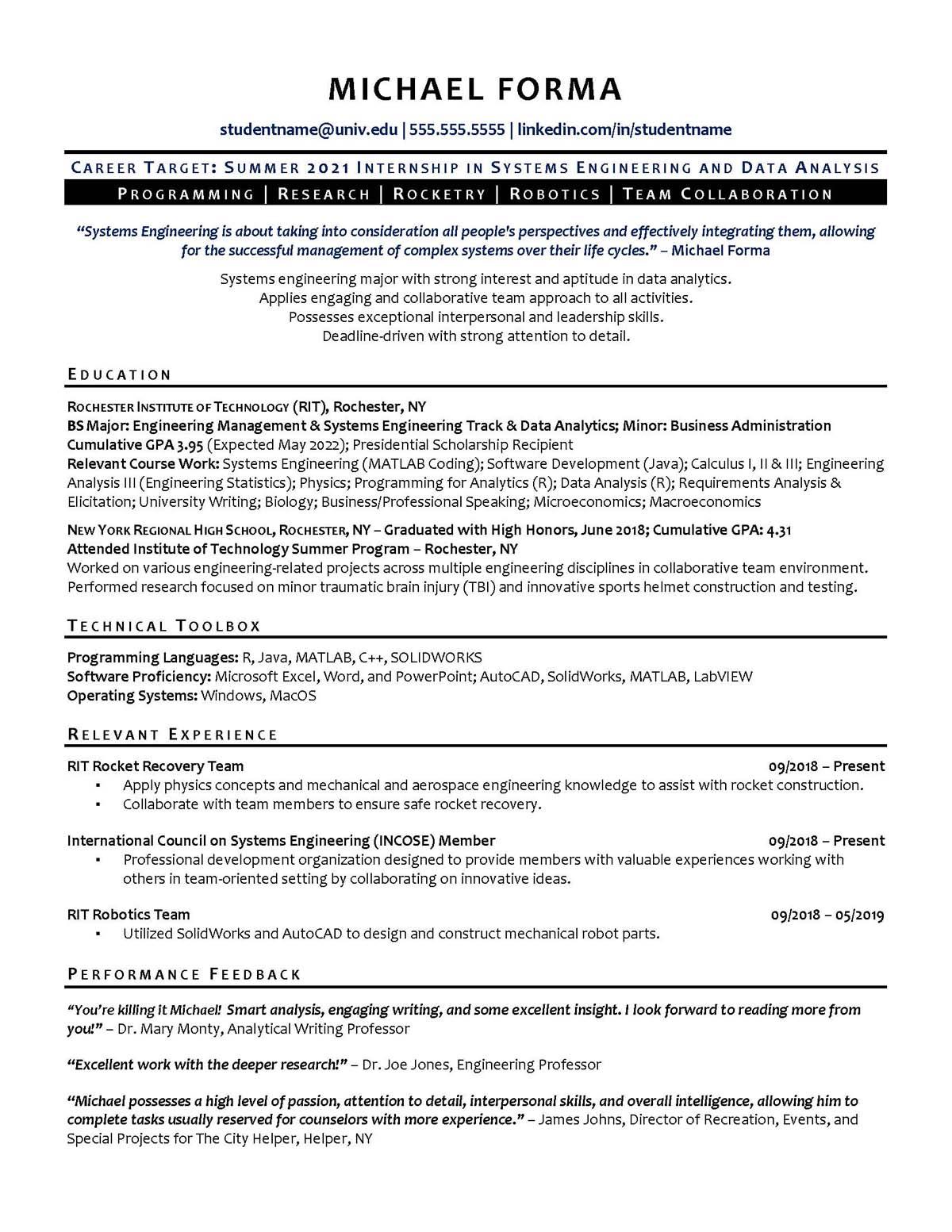 Sample resume: Engineering, Entry Level, Functional