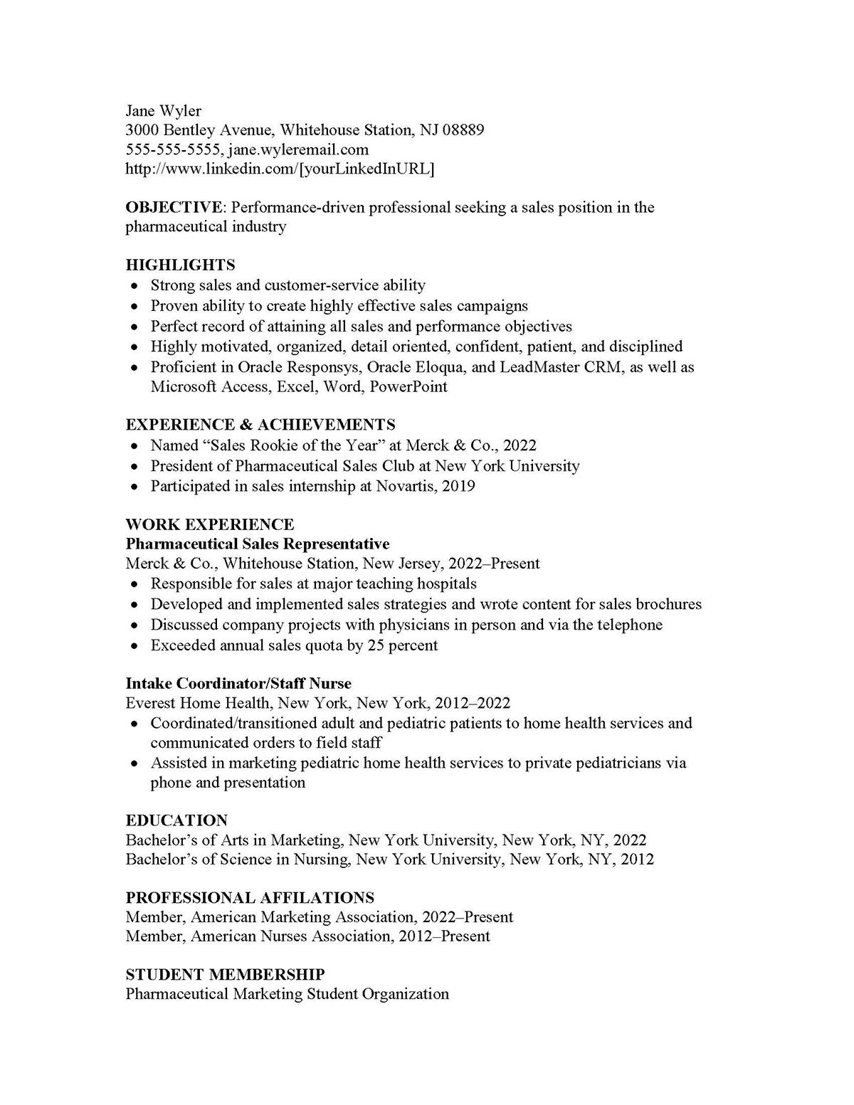 Sample resume: Pharmaceuticals, Mid Experience, Combination