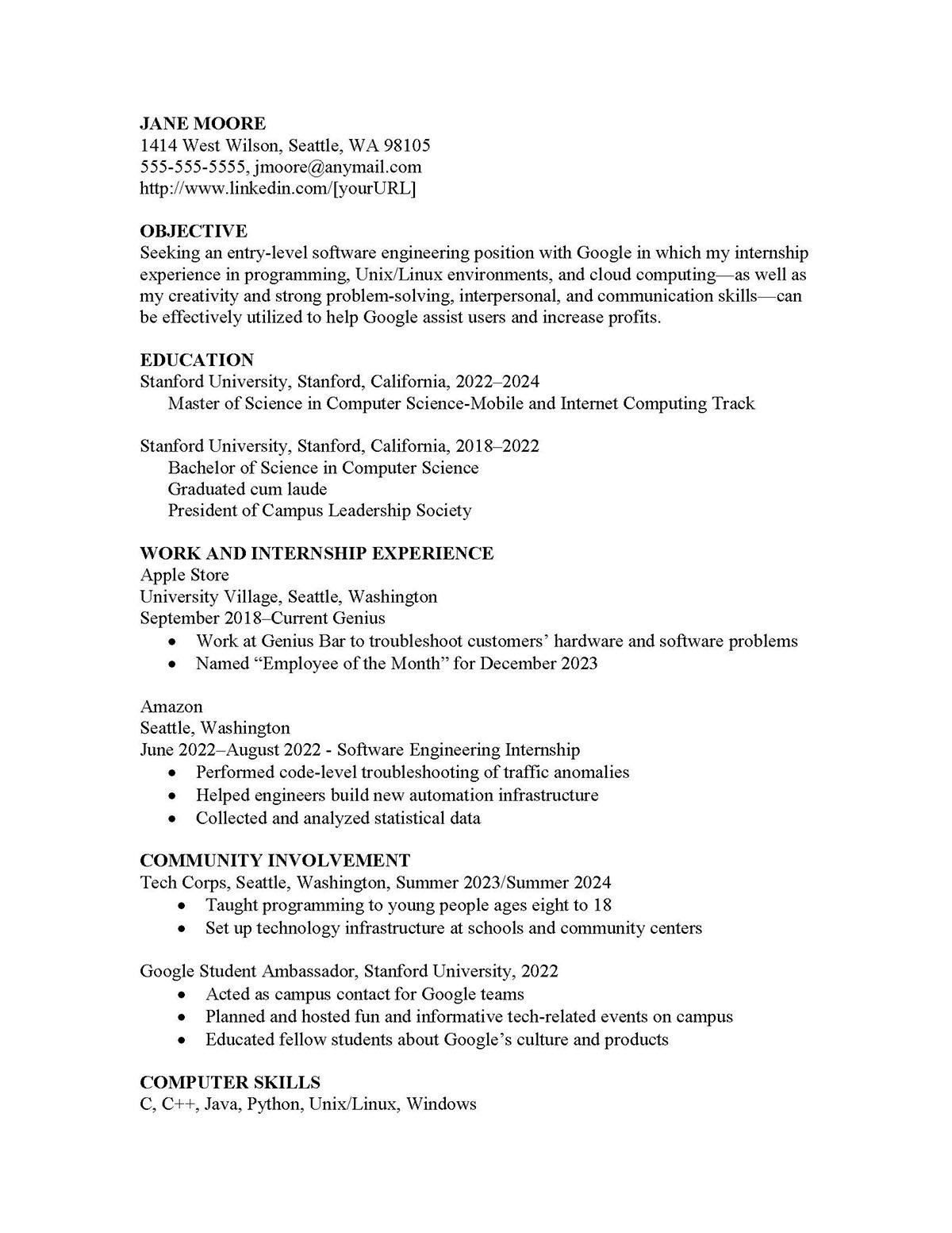 Sample resume: Computer Software, Entry Level, Combination
