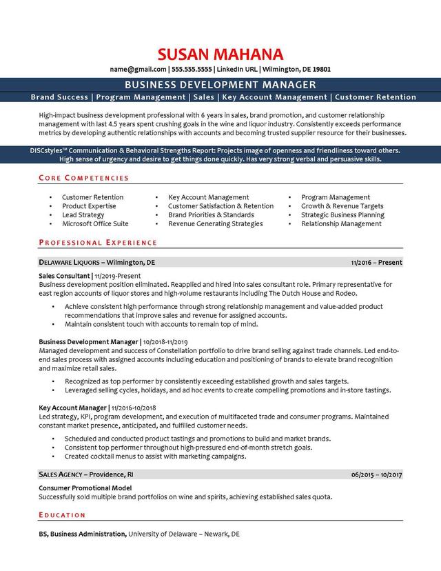 Sample resume: Business Administration and Management, Low Experience, Chronological