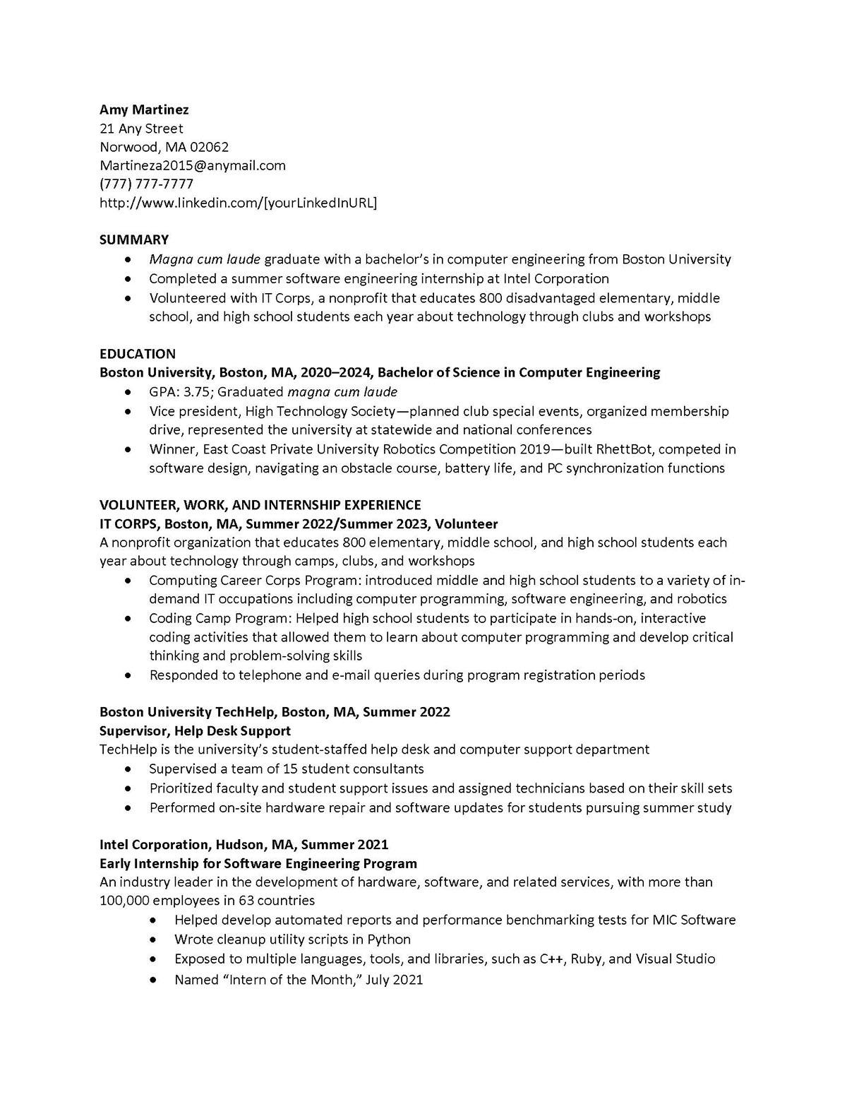Sample resume: Information Technology, Entry Level, Combination