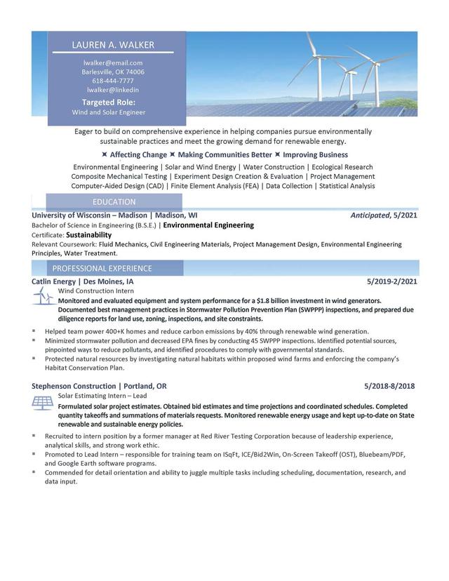Sample resume: Alternative Energy, Mid Experience, Chronological