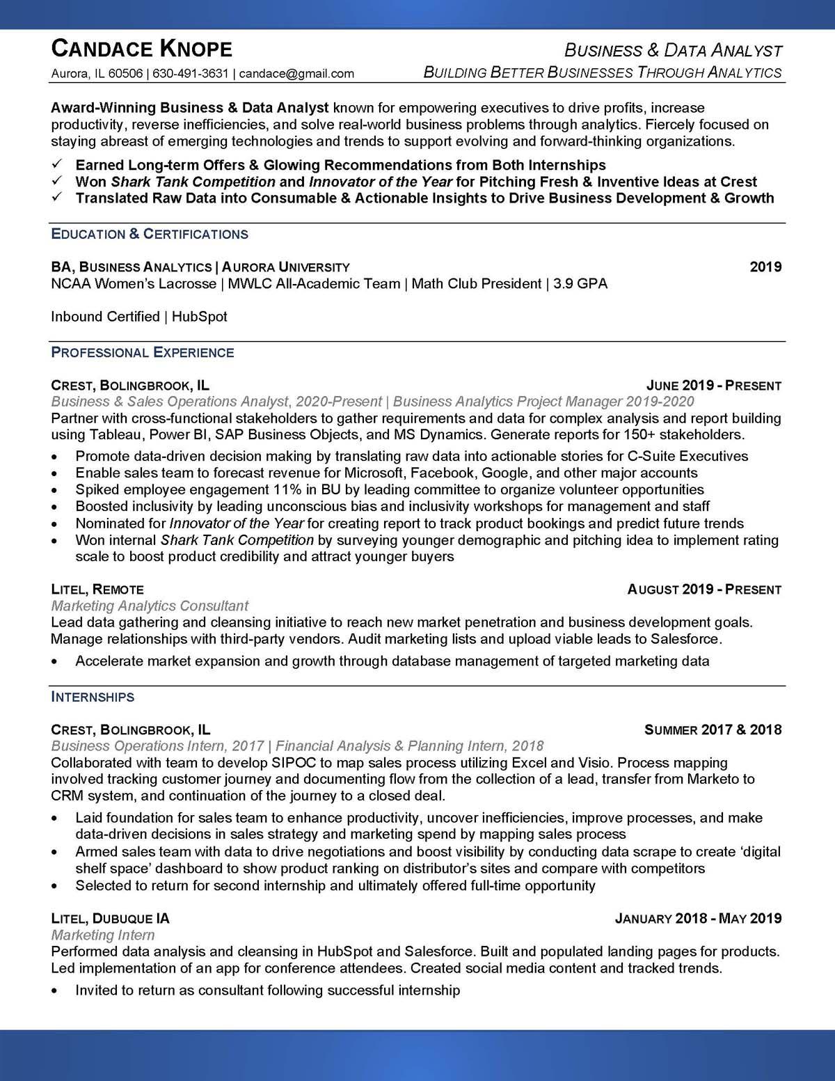 Sample resume: Business Administration and Management, Low Experience, Chronological
