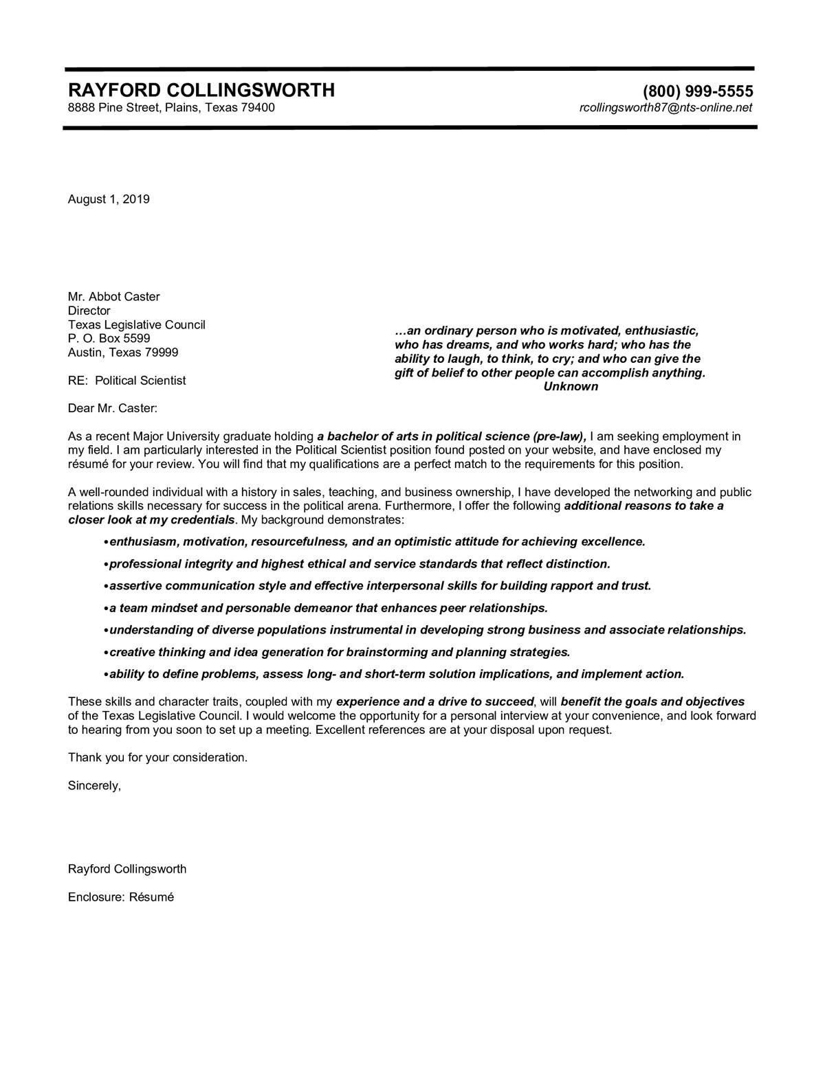 Sample cover letter: Political Science, Entry Level, Response to Ad
