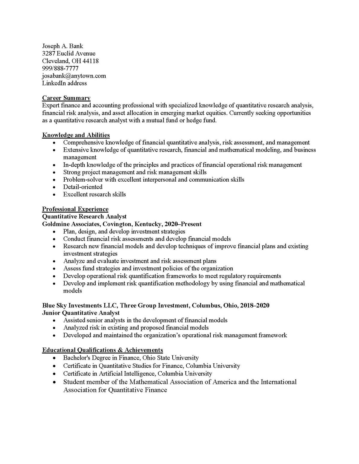 Sample resume: Finance, Mid Experience, Combination
