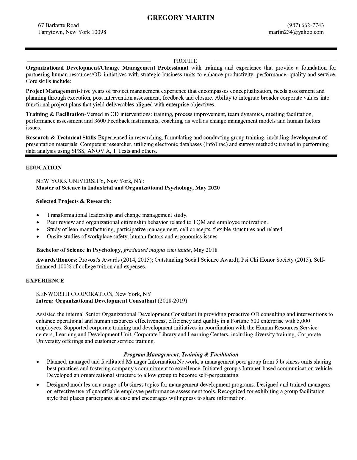 Sample resume: Organizational Development, Mid Experience, Chronological