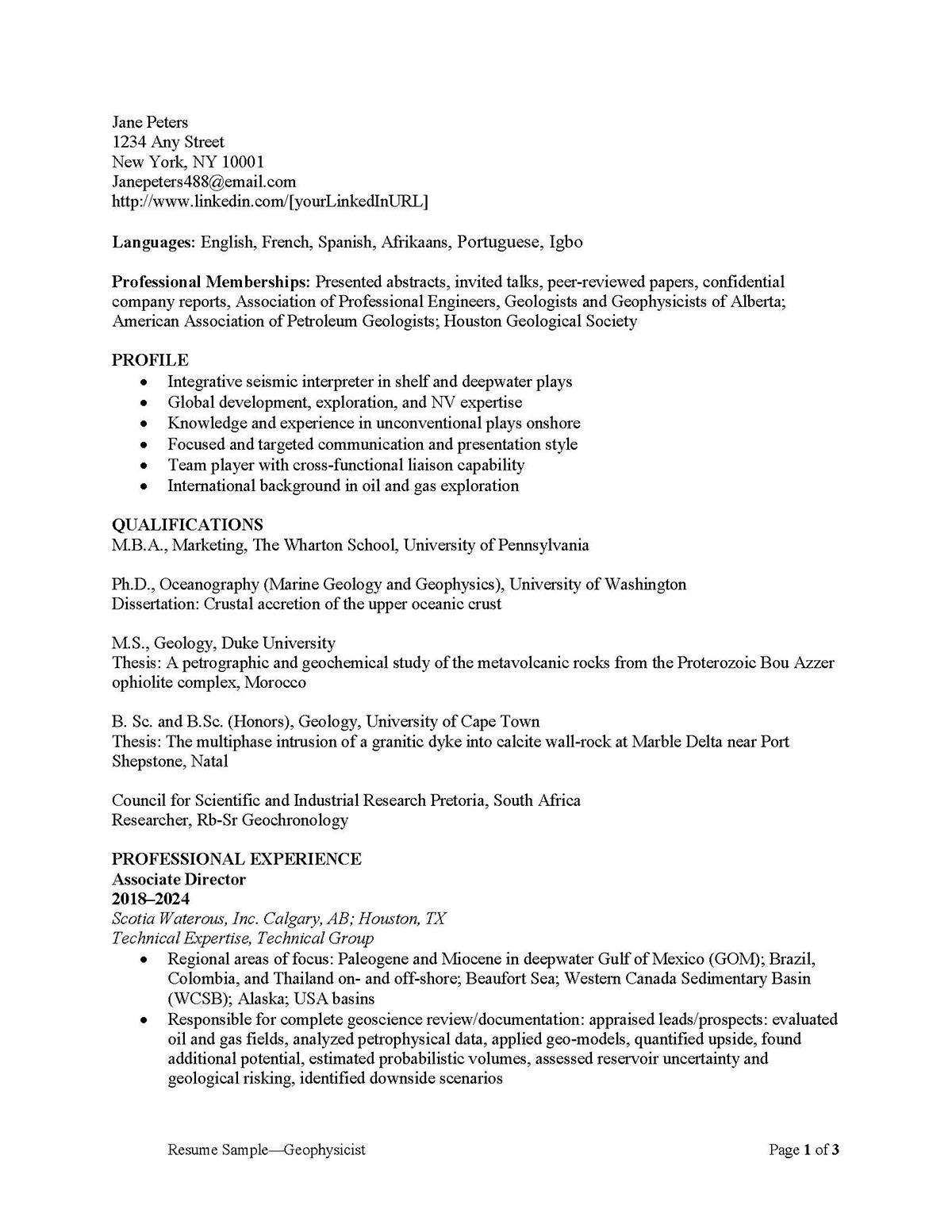 Sample resume: Energy, High Experience, Combination