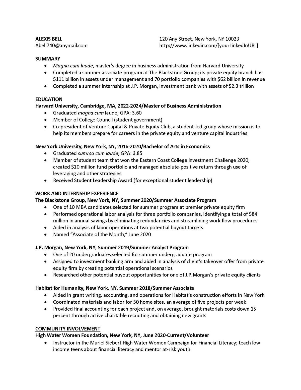 Sample resume: Private Equity, Entry Level, Chronological