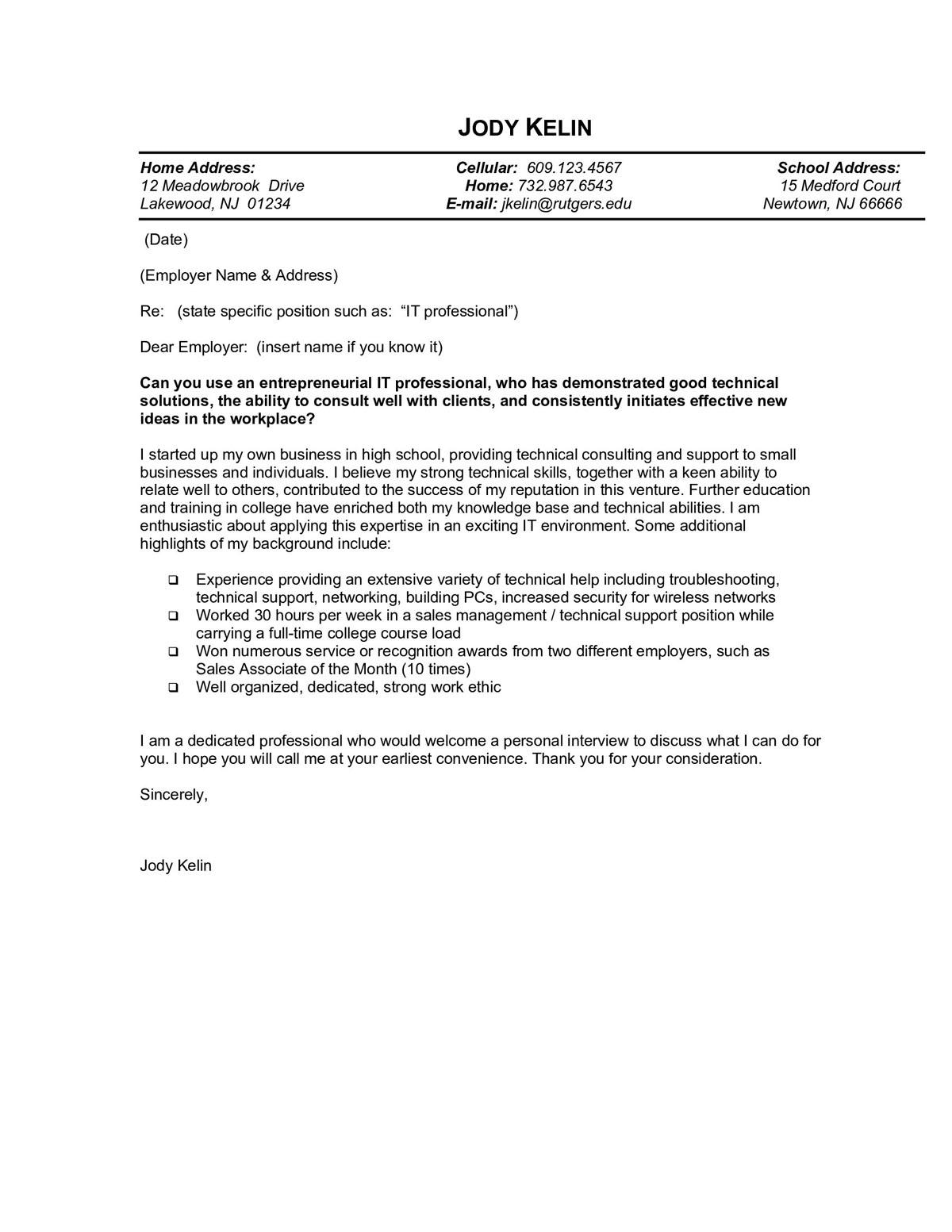 Sample cover letter: Information Technology, Entry Level, Direct Mail
