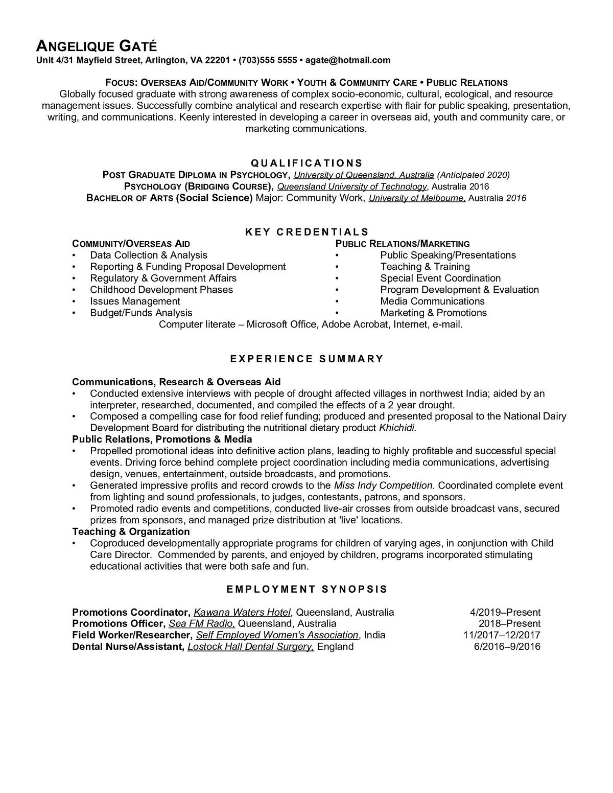Sample resume: Public Relations, Entry Level, Functional