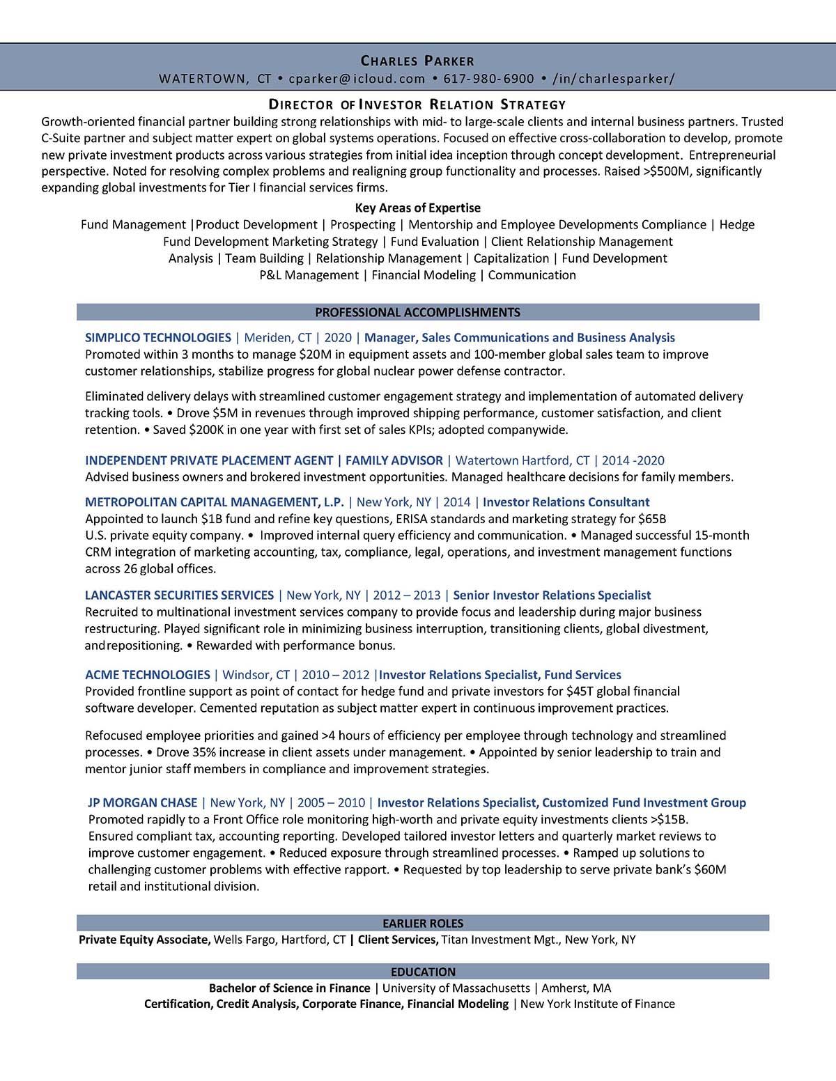 Sample resume: Investment Management, High Experience, Chronological