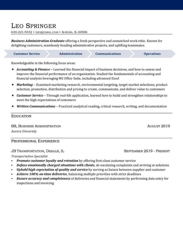 Sample resume: Business Administration and Management, Entry Level, Functional