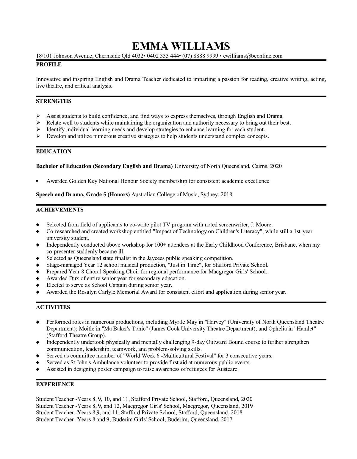 Sample resume: Secondary Education, Entry Level, Functional
