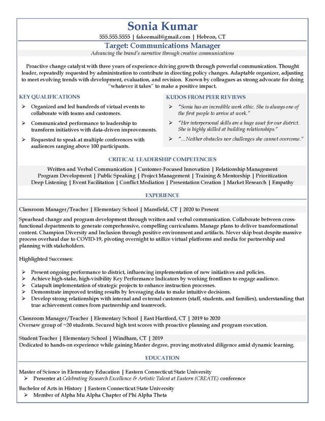 Sample resume: Communications, Mid Experience, Combination
