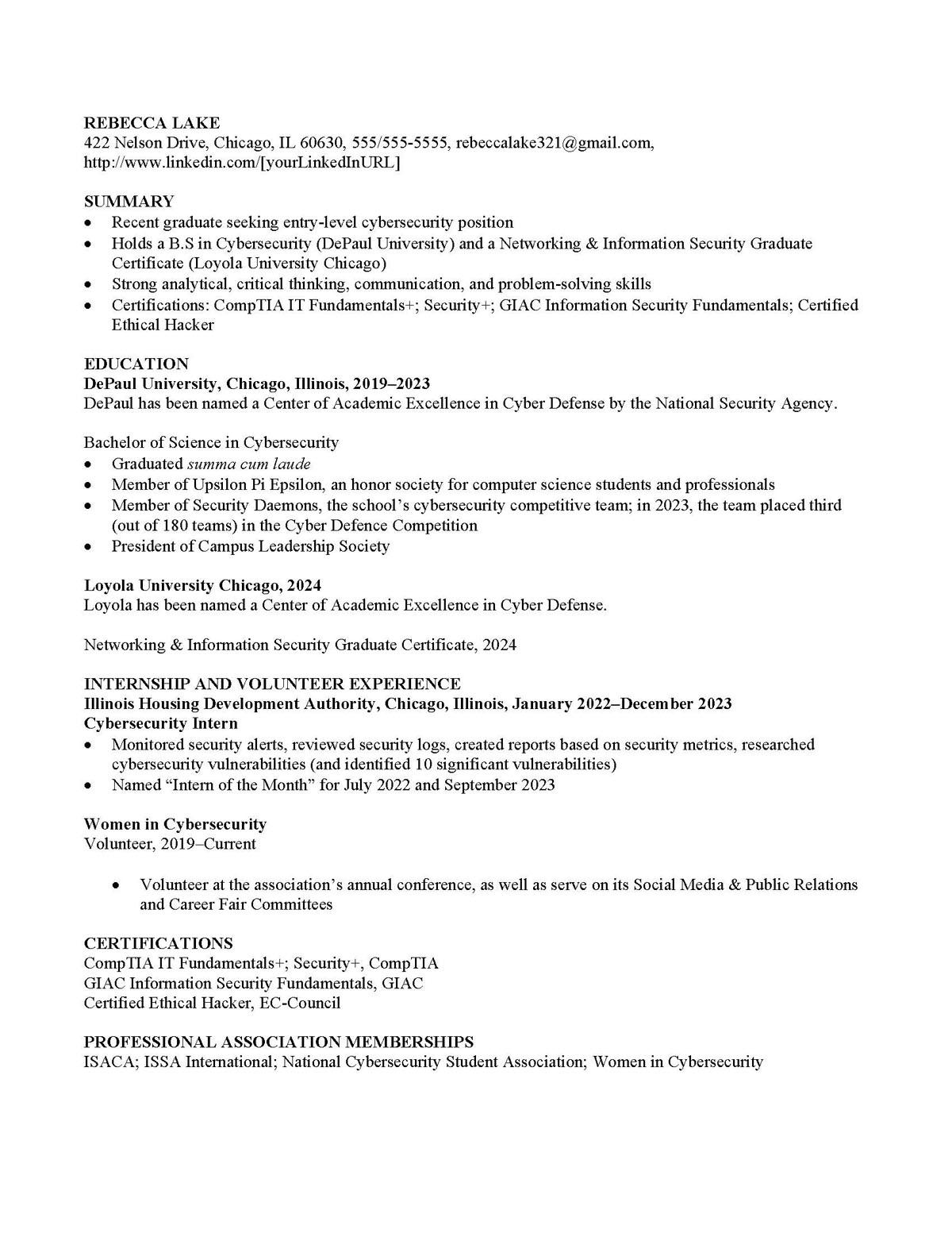 Sample resume: Cybersecurity, Entry Level, Functional