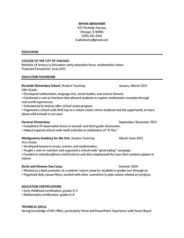 Sample resume: Elementary Education, Entry Level, Chronological