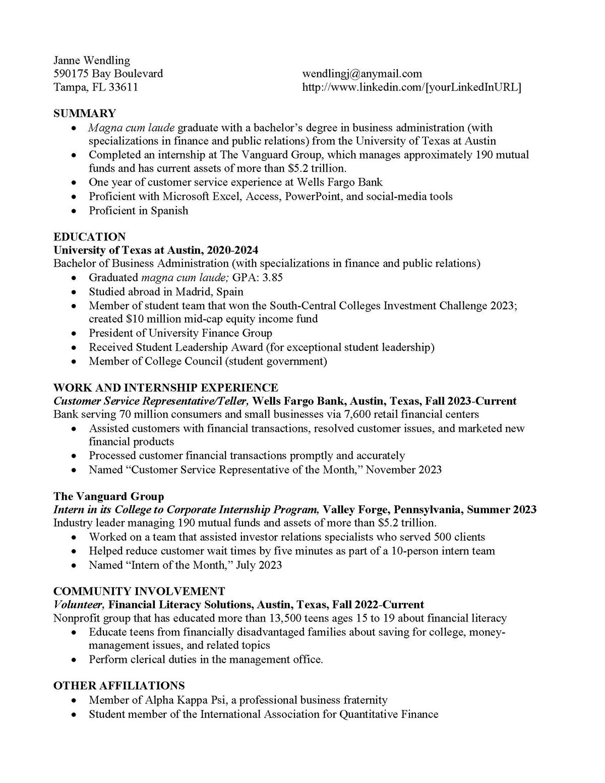Sample resume: Mutual Funds, Entry Level, Functional