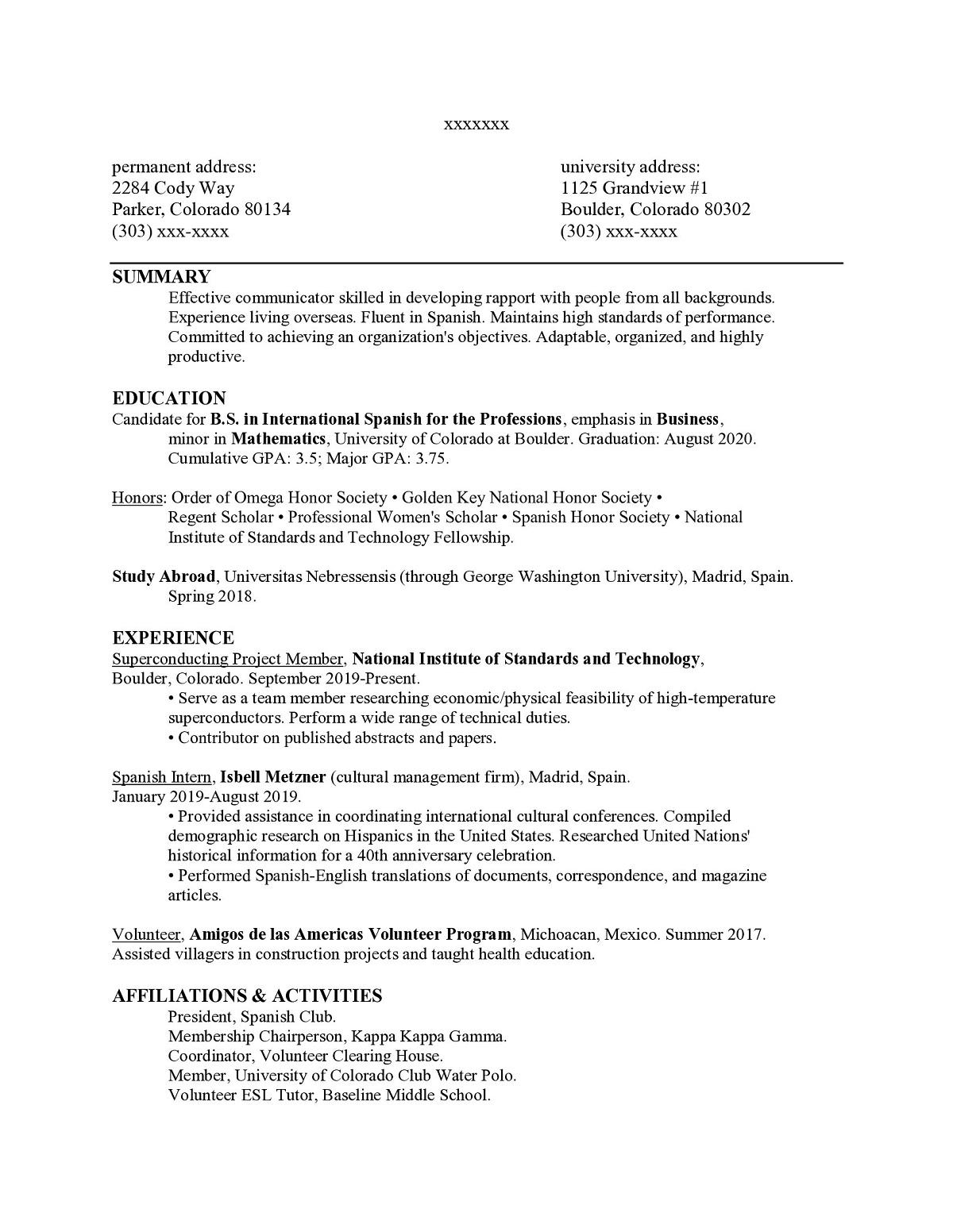 Sample resume: Foreign Languages, Entry Level, Chronological