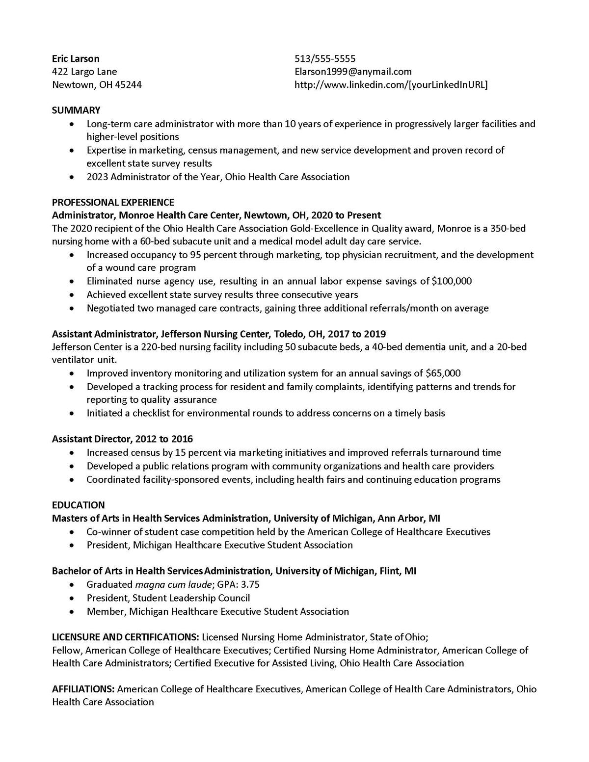 Sample resume: Health Care Management, High Experience, Combination