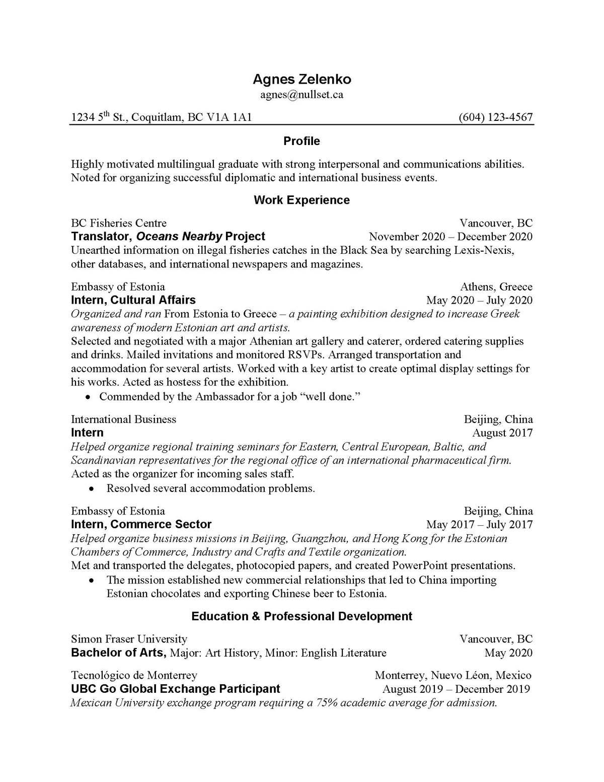 Sample resume: Foreign Studies, Low Experience, Chronological