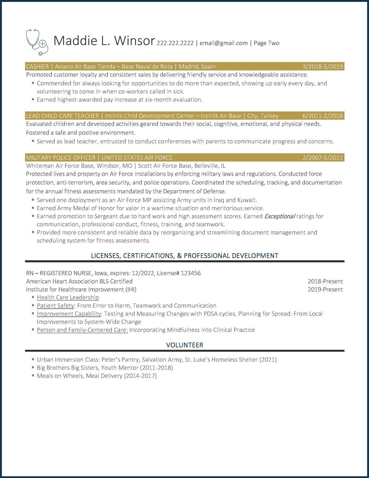 Sample resume: Nursing, Mid Experience, Functional