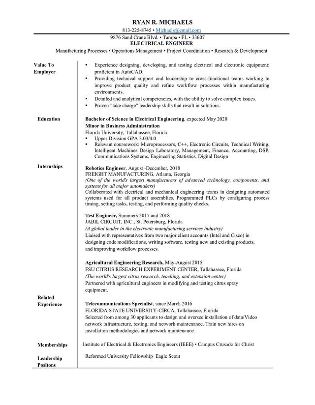 Sample resume: Electrical Engineering, Entry Level, Chronological