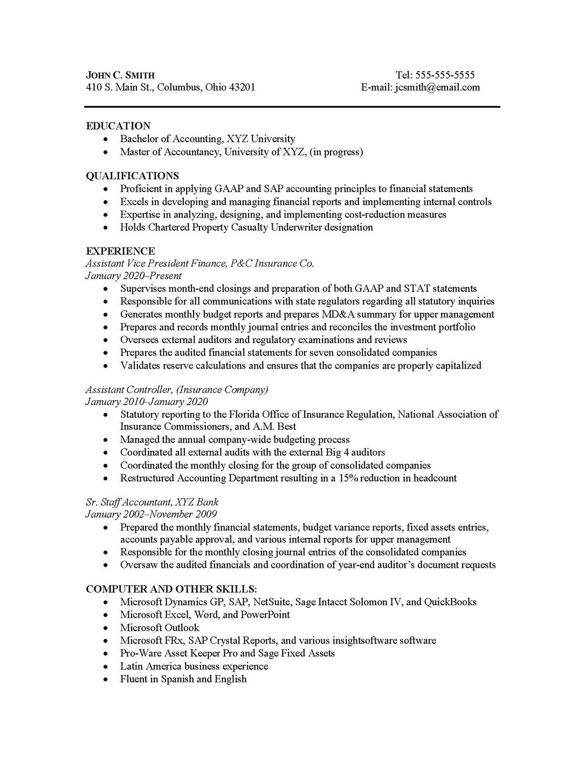 Sample resume: Accounting, High Experience, Combination
