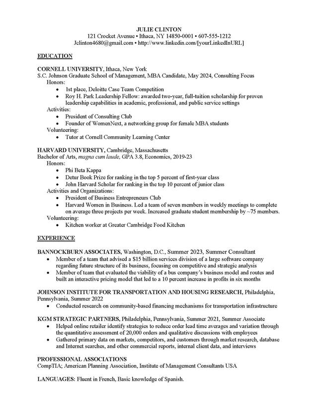 Sample resume: Consulting, Entry Level, Combination