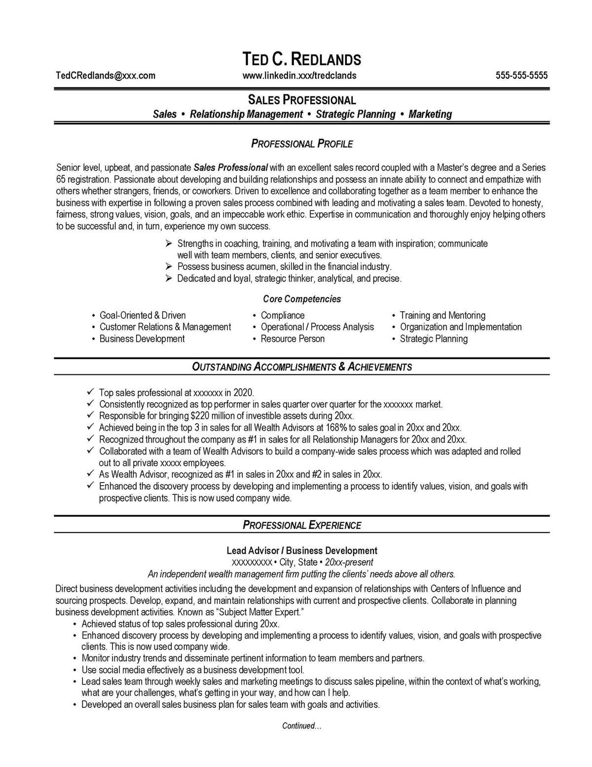 Sample resume: Wealth Management, Mid Experience, Combination
