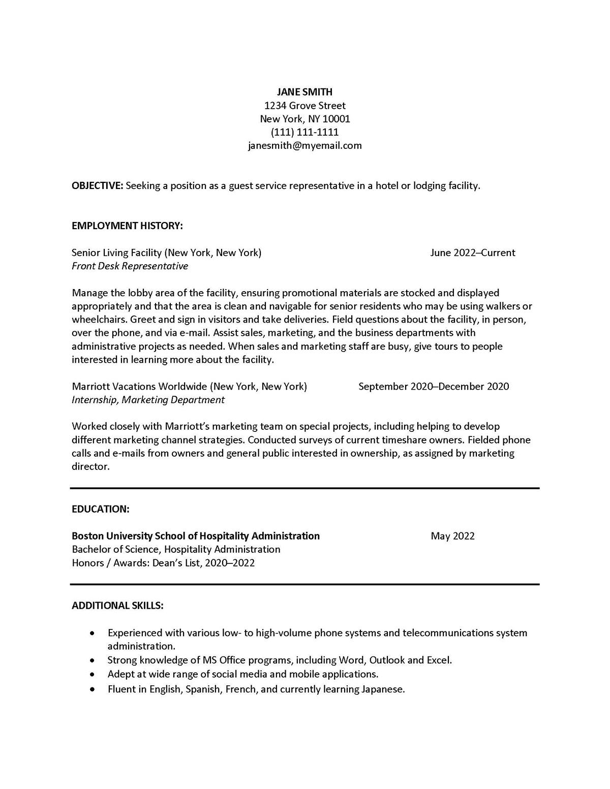 Sample resume: Hospitality, Low Experience, Chronological