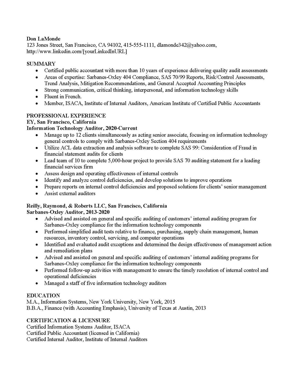 Sample resume: Auditing, High Experience, Chronological