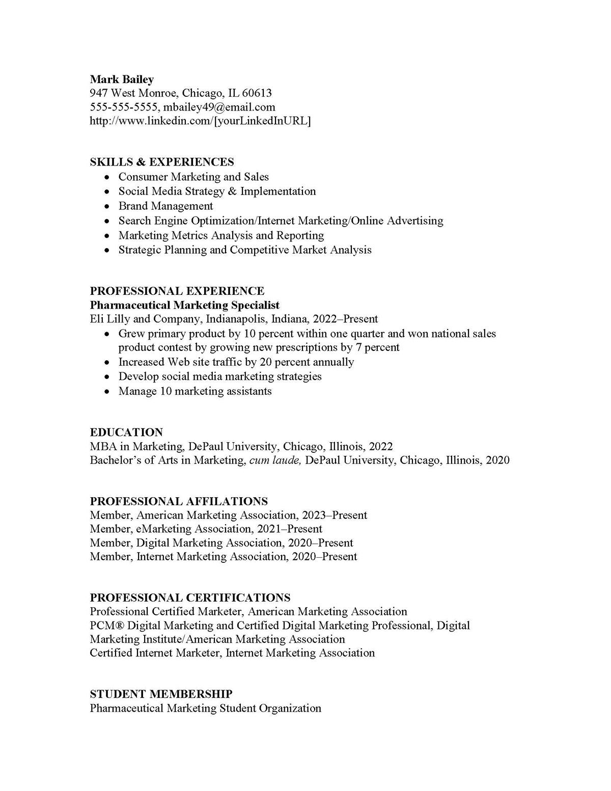 Sample resume: Pharmaceuticals, Mid Experience, Functional