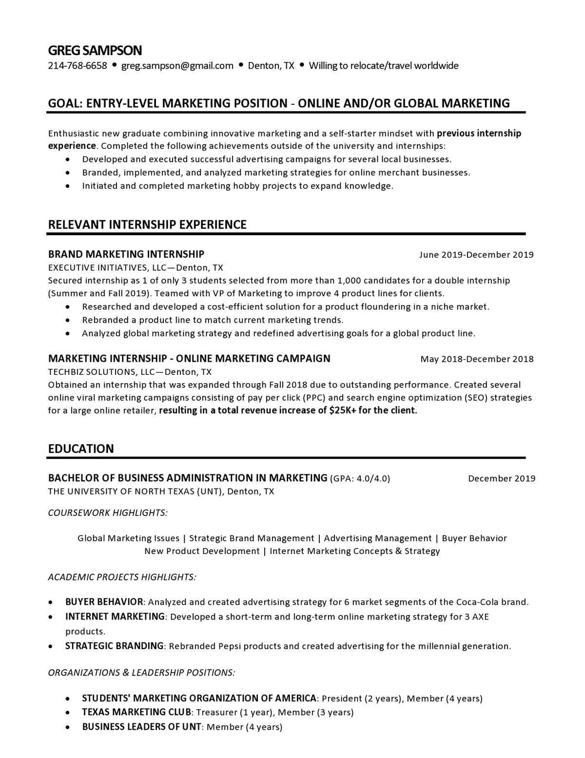 Sample resume: Marketing, Entry Level, Chronological