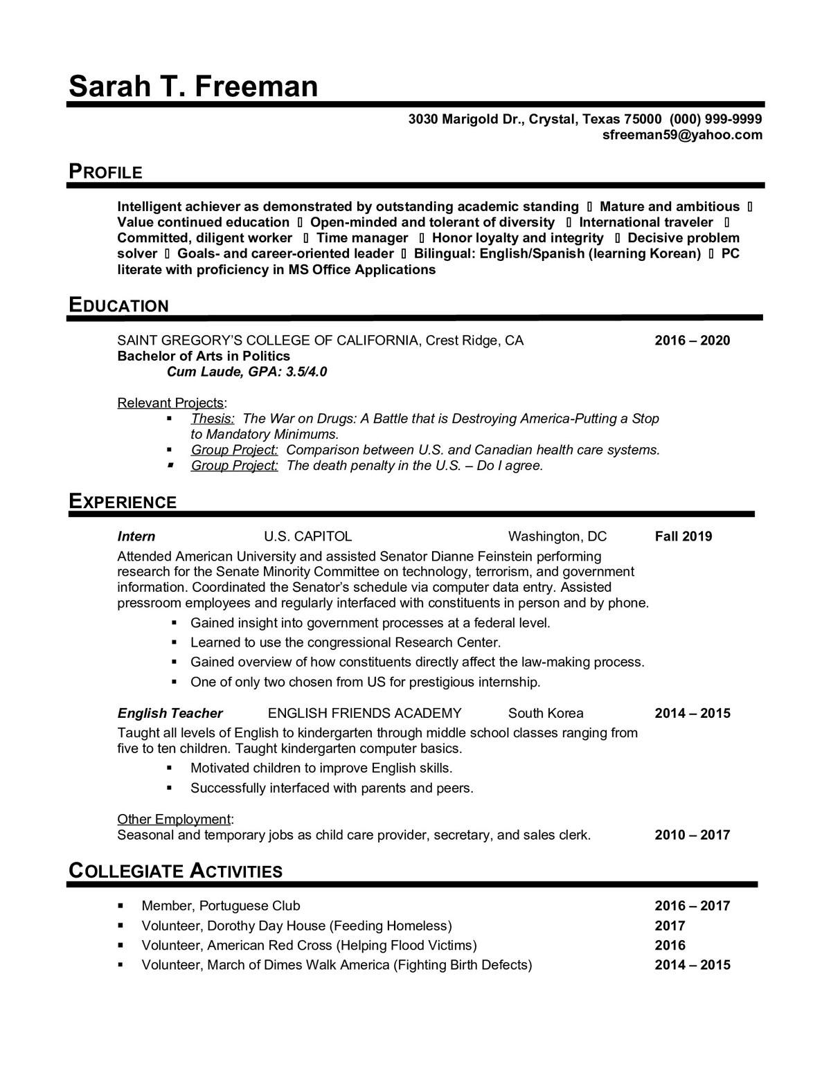 Sample resume: Government, Entry Level, Chronological
