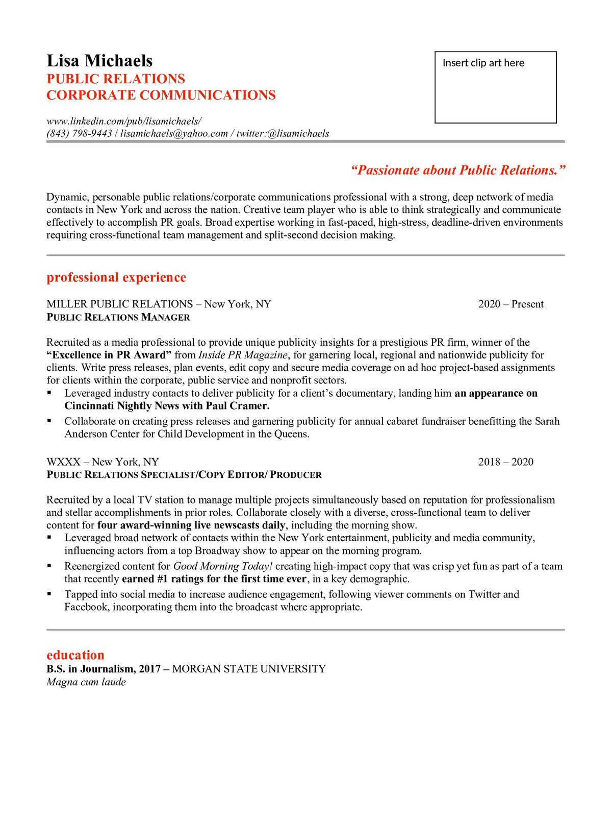 Sample resume: Public Relations, Low Experience, Chronological
