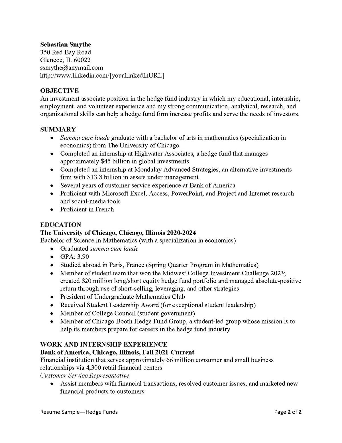 Sample resume: Hedge Funds, Entry Level, Combination