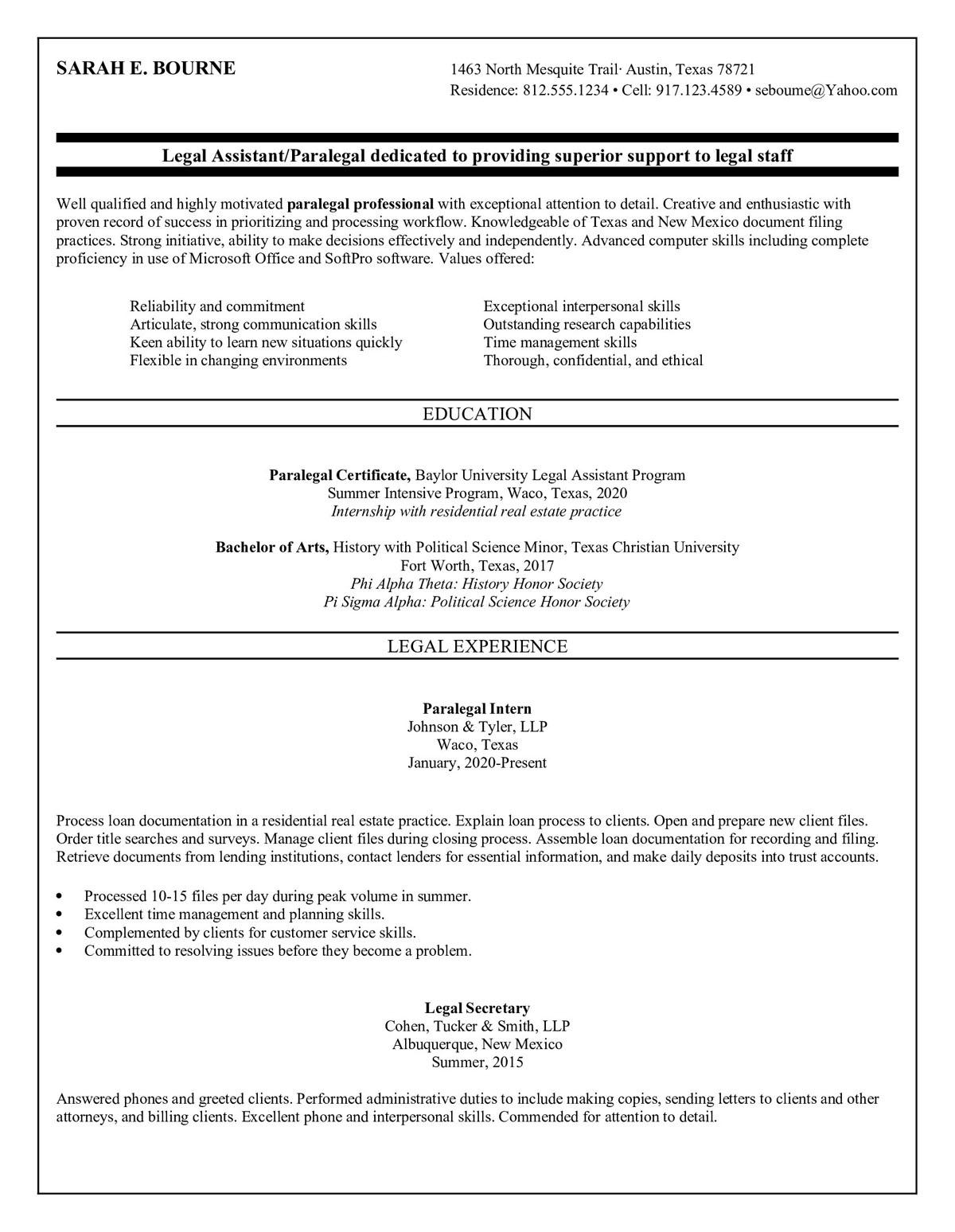 Sample resume: Paralegal, Entry Level, Combination