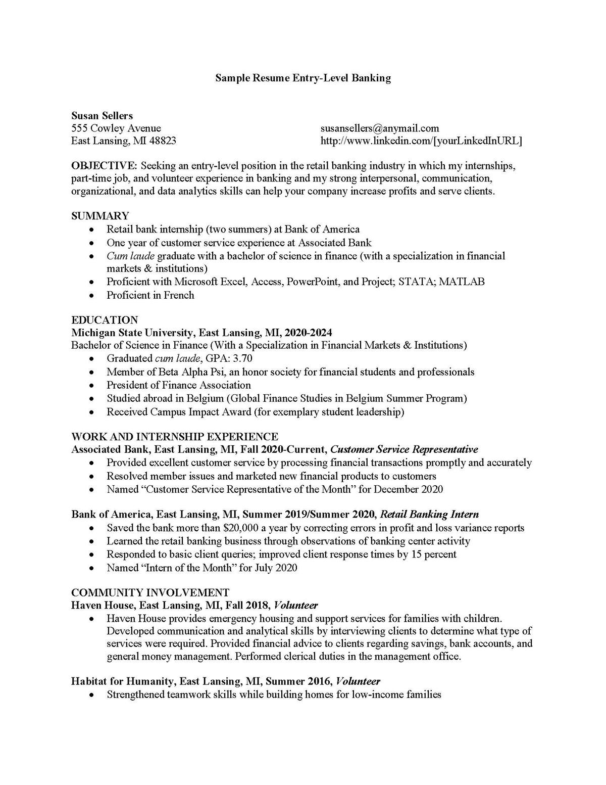 Sample resume: Commercial Banking, Entry Level, Functional