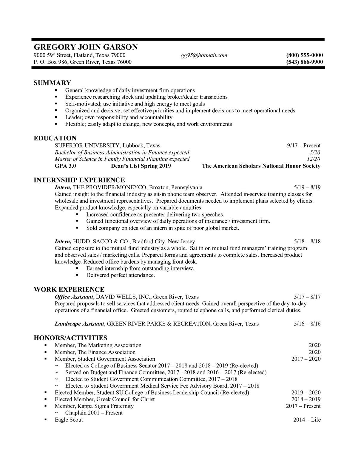 Sample resume: Finance, Internship, Combination