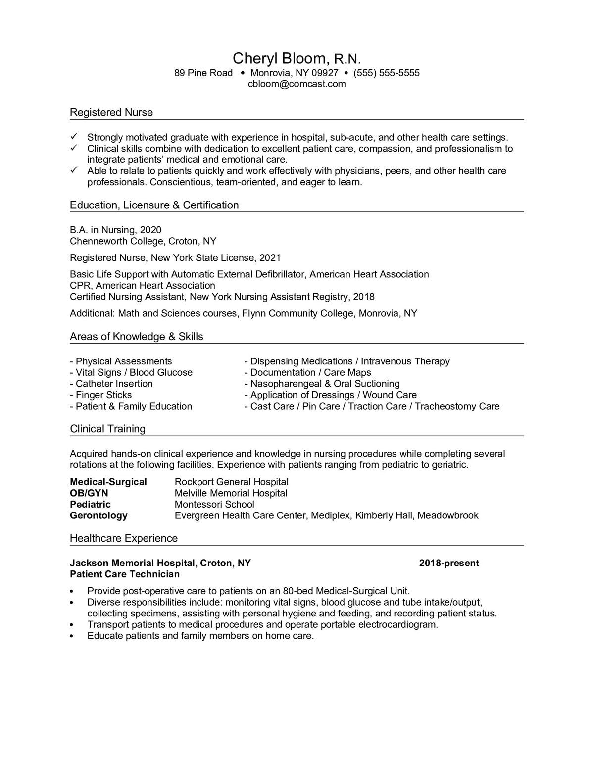 Sample resume: Nursing, Low Experience, Combination
