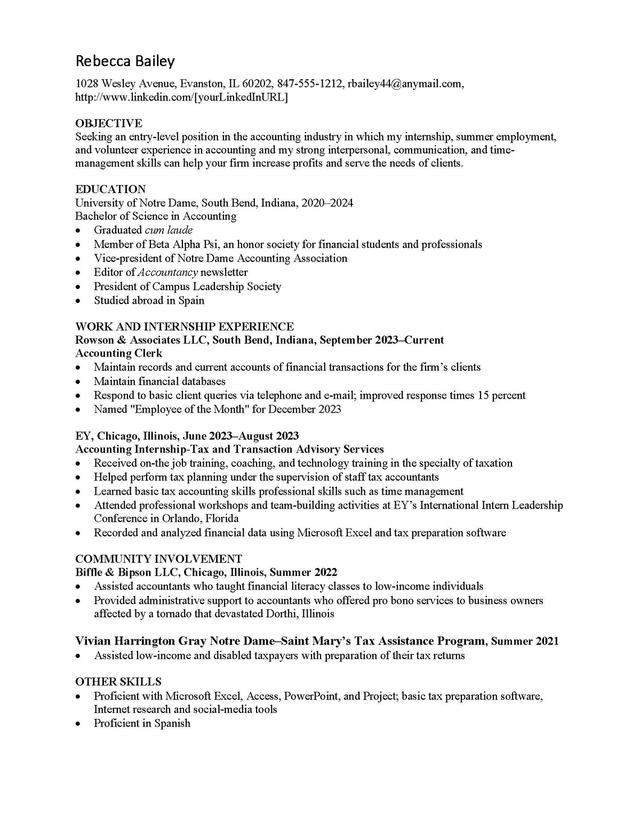 Sample resume: Accounting, Entry Level, Combination