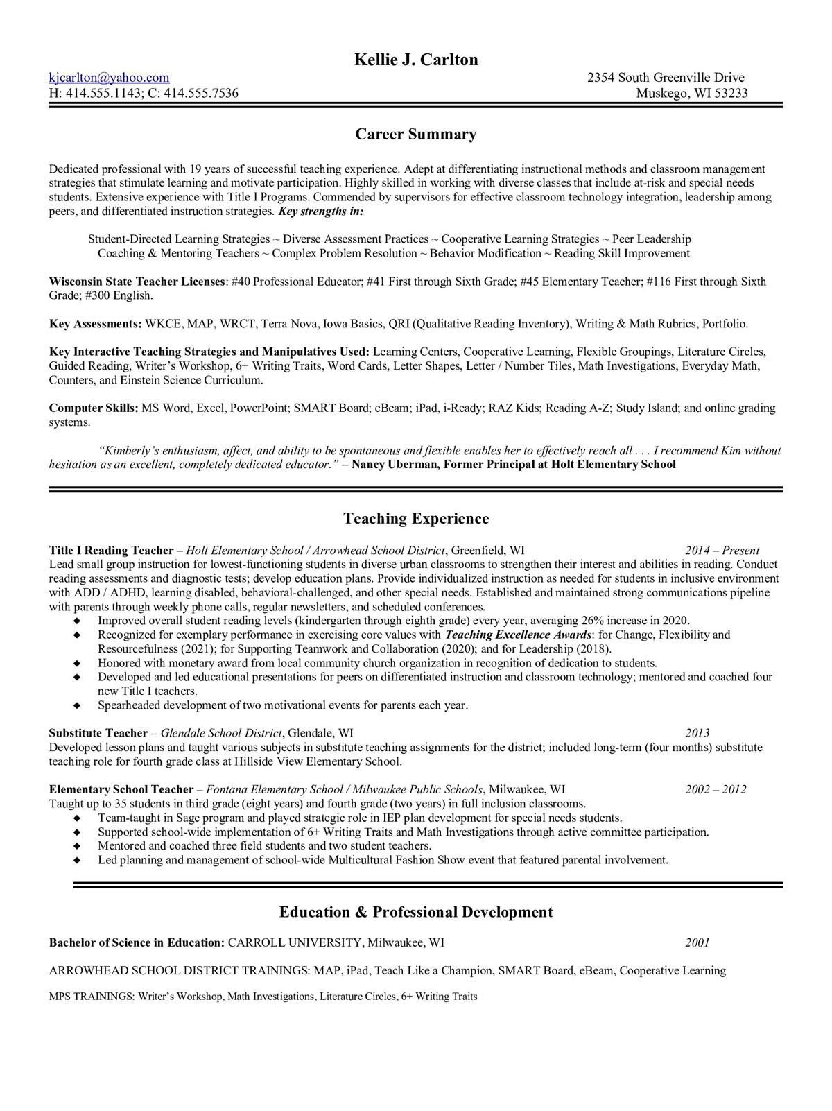 Sample resume: Elementary Education, High Experience, Combination