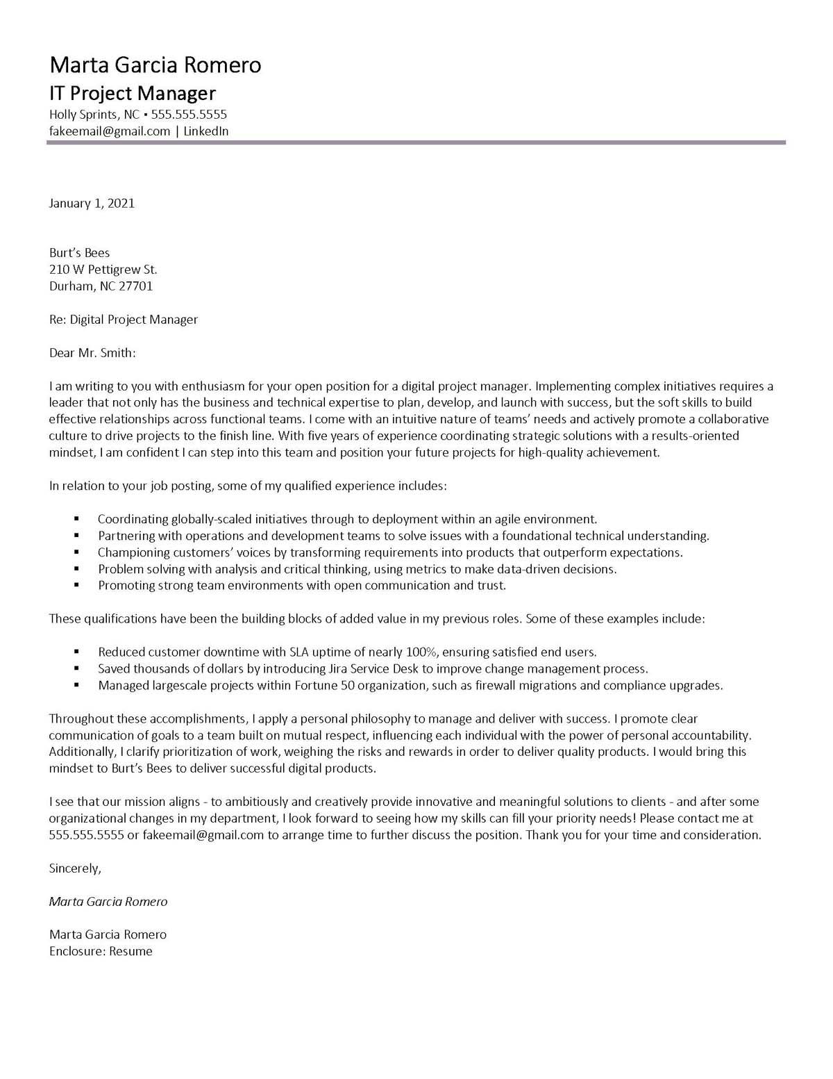 project management experience cover letter